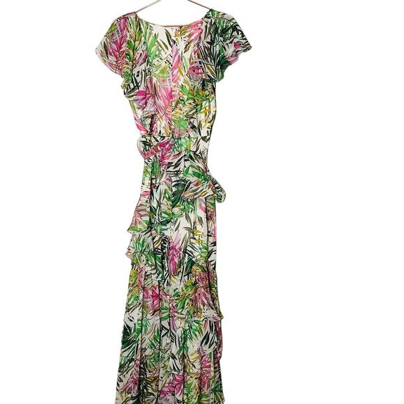 Badgley Mischka Palm Print Ruffle Pink Green Maxi Dress Size 4 - Picture 6 of 16